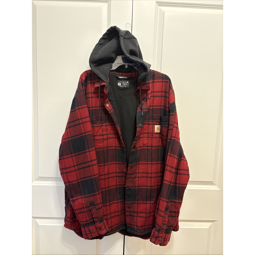 Carhartt Rugged Flex Relaxed Fit Hooded Plaid Fleece Lined Shacket XL TJ5621-M
